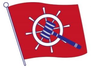 IOBG Sailboat illustration flag with wooden steering wheel and judge gavel.